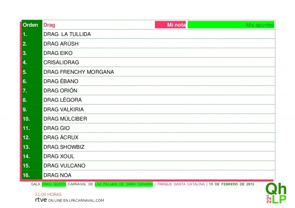 TARJETA DE LA GALA DRAG LPACARNAVAL 2013